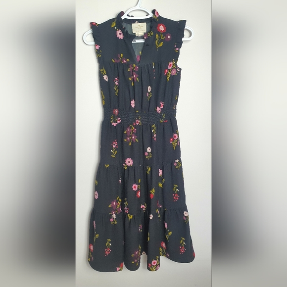 Kate Spade In Bloom Smocked Waist Black Floral Knee Length Dress Womens Size XXS - Picture 1 of 12